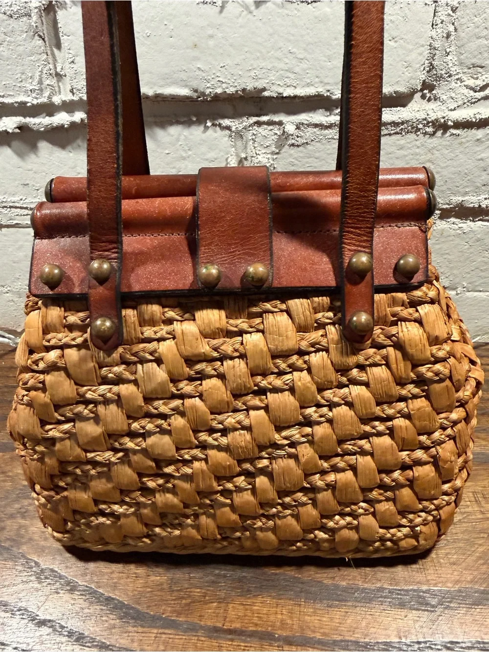Vintage John Romain Straw and Brown Leather Purse Rare 1960’s